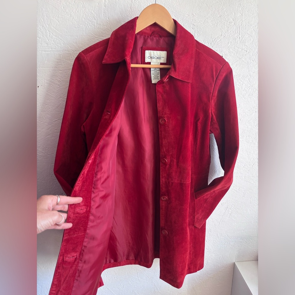 Vintage Cherokee 100% Suede Leather Red Collared Long Sleeve Button Jacket Coat - Picture 14 of 14